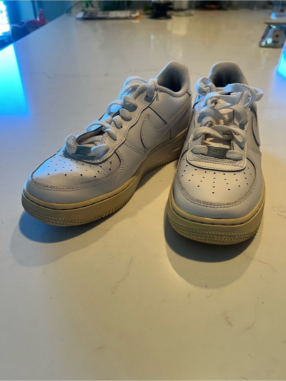 Nike Kids White Leather Sneakers with Cream Sole Accent